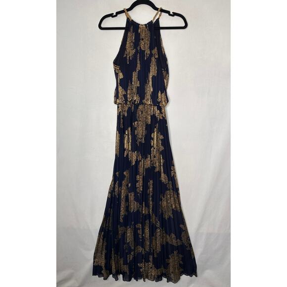 VTG Cache Maxi Dress Halter Blue Gold Foil Floral Printed Pleats Formal Gown 2 - Picture 2 of 9